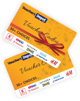 Două Carduri Cadou Multibrand Vouchers Depot semi-suprapuse, unul dintre ele având o fundiță roșie de cadou.
